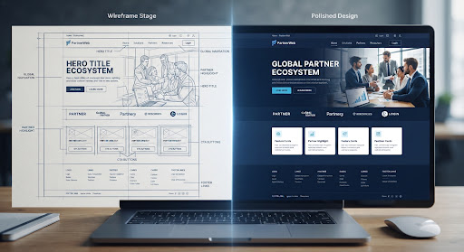 Split-screen view showing a wireframe transforming into a polished corporate website.