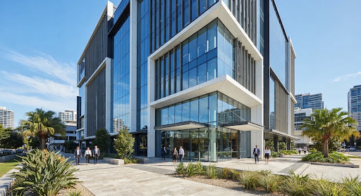 Modern architectural photograph of a high-end corporate office exterior in Brisbane representing our local presence.